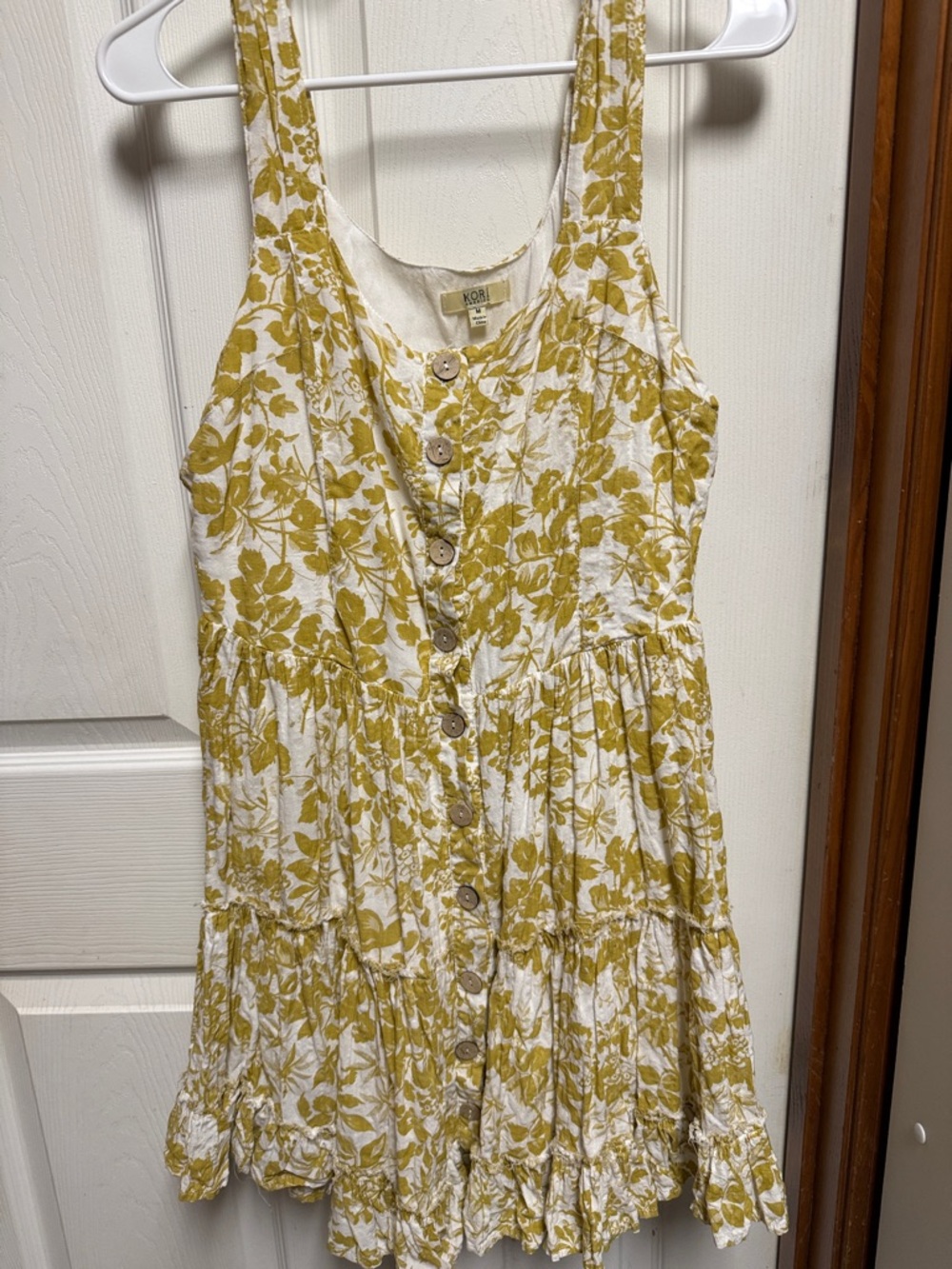 Kori White and Mustard Floral Button-Tier Mini Dress